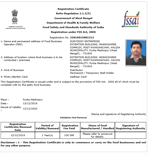 FSSAI License Sample